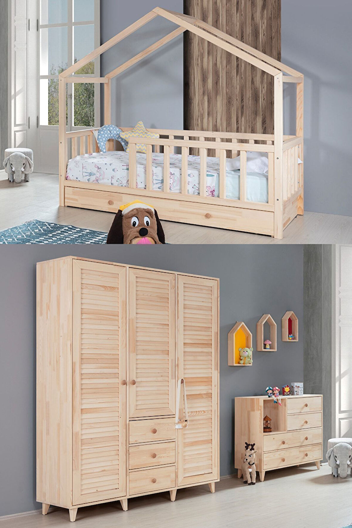 Doğal Ladin Çocuk Odası - Pine Montessori Çocuk Odası Takımı, Dolap, Yavrulu Karyola, Şifonyer