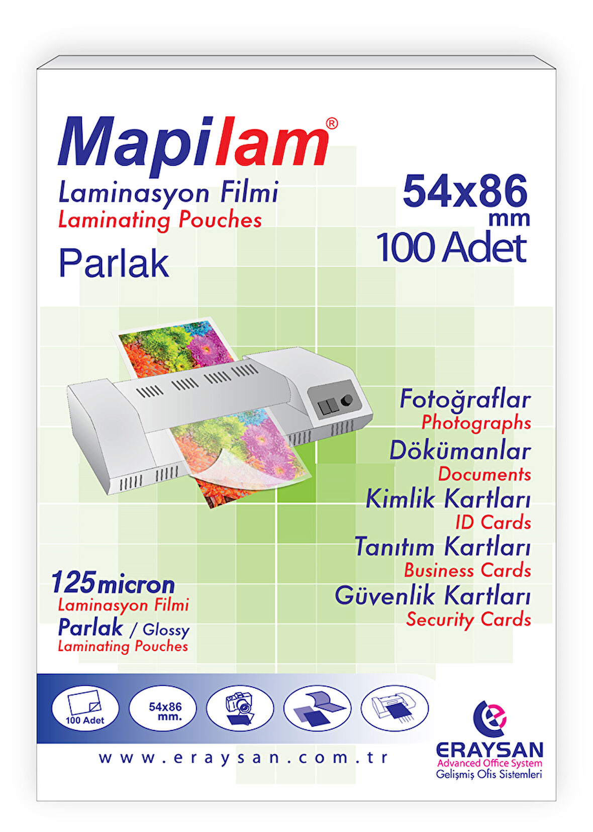 MAPİLAM 125 MİCRON PARLAK LAMİNASYON FİLMİ (KREDİ KARTI) (54X86) 100 LÜ