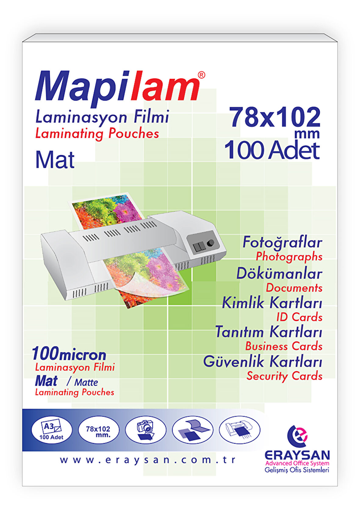 MAPİLAM 100 MİCRON MAT LAMİNASYON FİLMİ (KÜÇÜK KİMLİK) (78X102) 100 LÜ