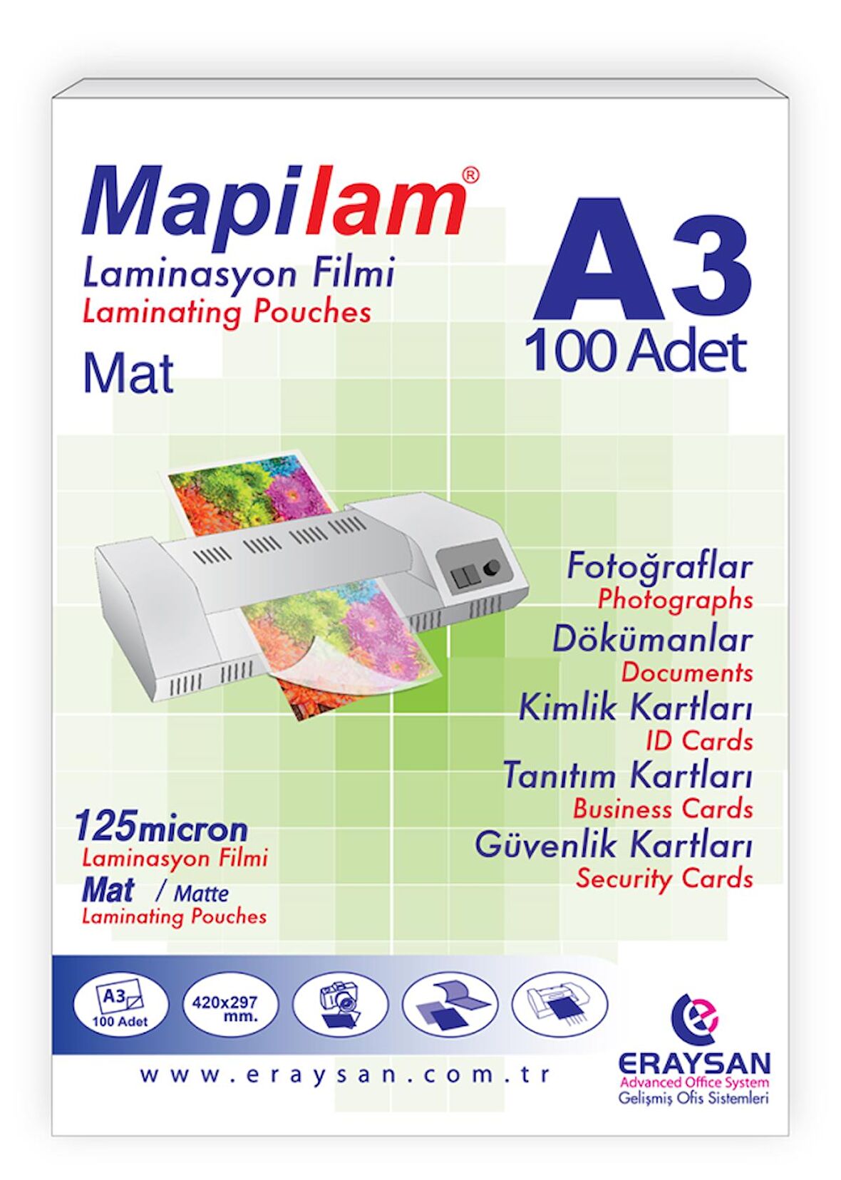 MAPİLAM 125 MİCRON MAT LAMİNASYON FİLMİ (A3) 100 LÜ