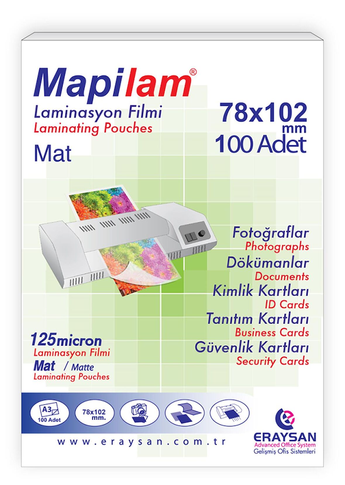 MAPİLAM 125 MİC. MAT LAM. FİLMİ (K. KİMLİK) 78X102 100 LÜ