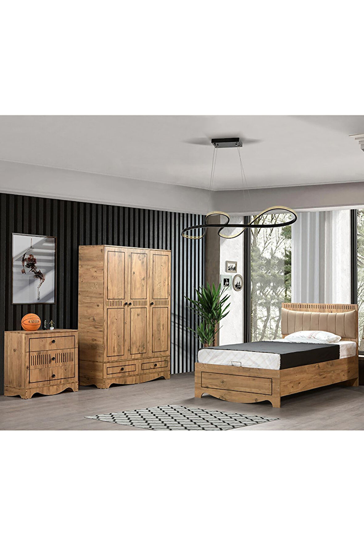 Papatya Genç Odası - 3kapılı Dolap, Bazalı Karyola, Şifonyer - 120x200