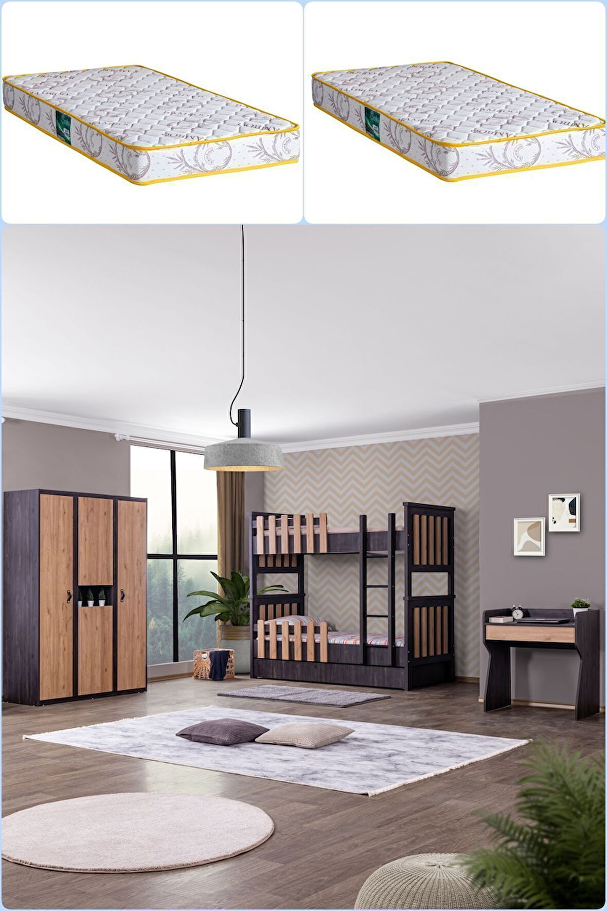Ranza, Black Ayrılabilir Ranza Çalışma Masası 3 Kapılı Dolap 2 Adet Comfort Yatak