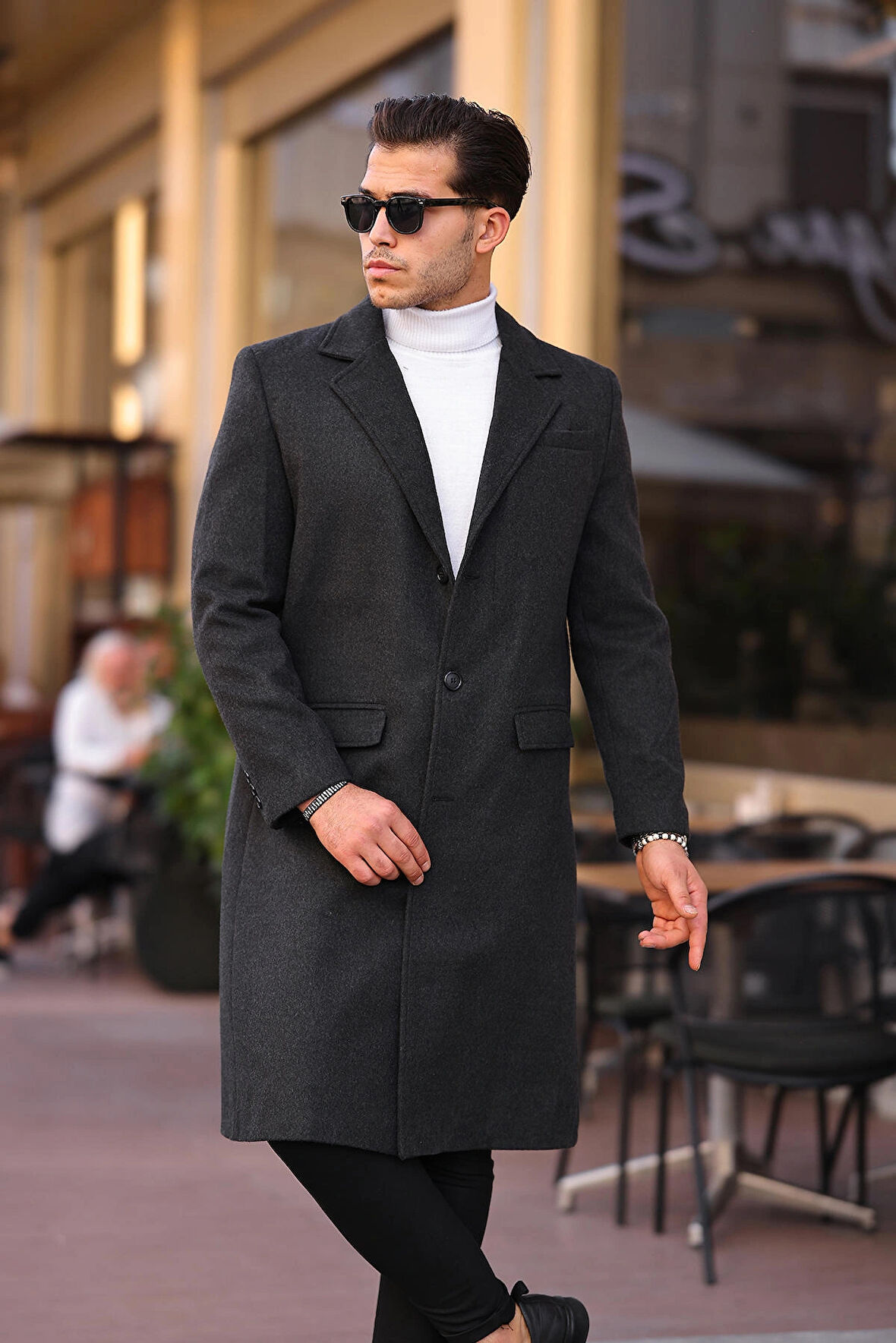 Erkek Antrasit Dar Kesim Uzun Yün Karışımlı Kaşe Kaban