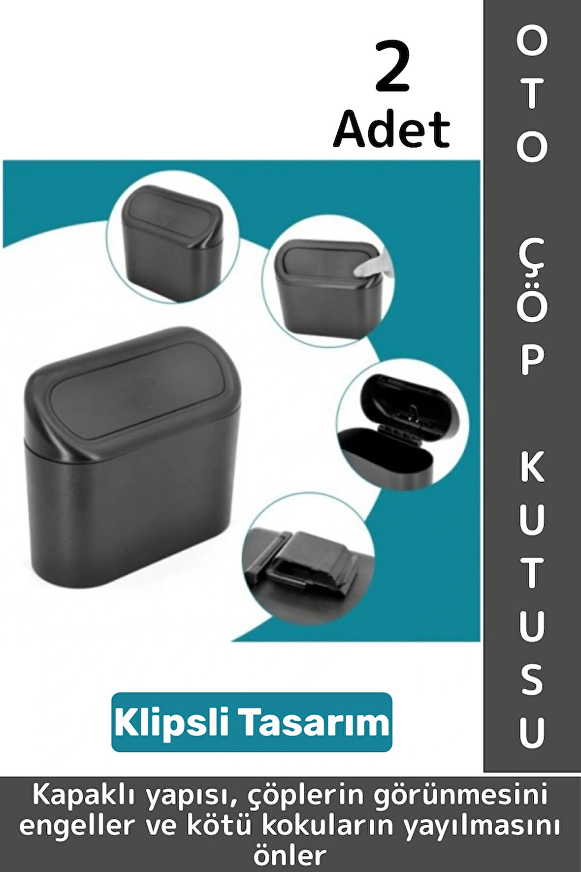 Dayanıklı Oto Temizlik Kapı Yanı Arka Koltuk Klipsli Kolay Montaj Araç İçi Kapaklı Çöp Kutusu 2 Adet