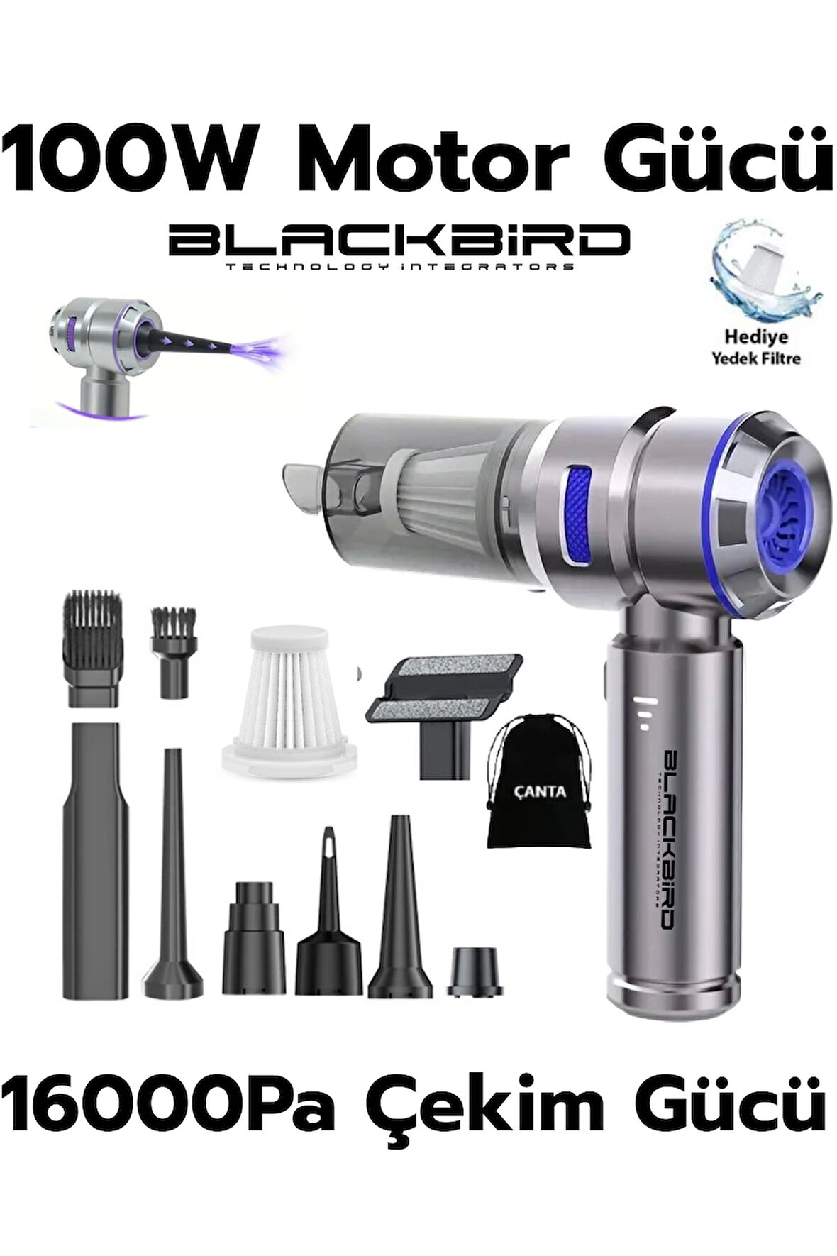 Blackbird MK-5803 16000PA Kablosuz Araç Süpürgesi | 3 Kademeli Güç | Şarjlı El Süpürgesi