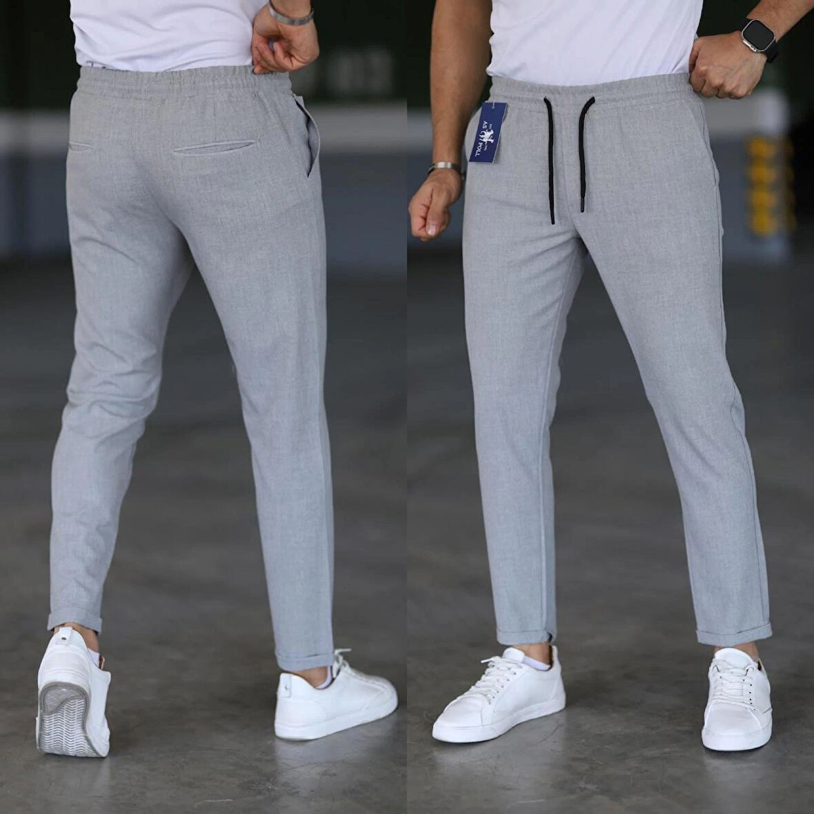 Erkek Açık Gri Slim Fit Rahat Kesim Beli Bağlamalı Yan Cepli Likralı Jogger Pantolon