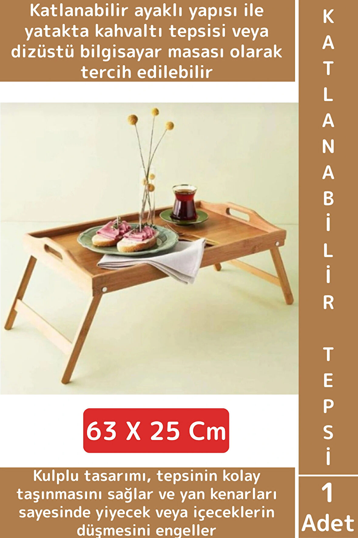 Kompakt Dayanıklı Kahvaltı Bilgisayar Masası Bambu Kulplu Ayaklı Katlanabilir Keyif Tepsisi 63X25 Cm