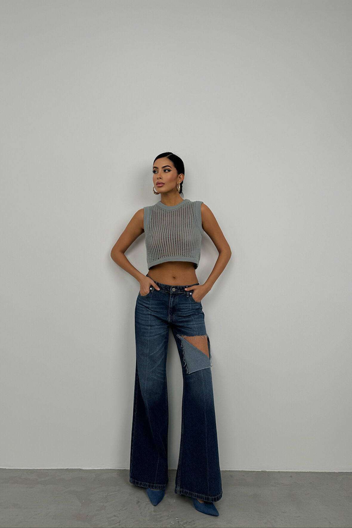 Ajurlu Gri Crop Süveter