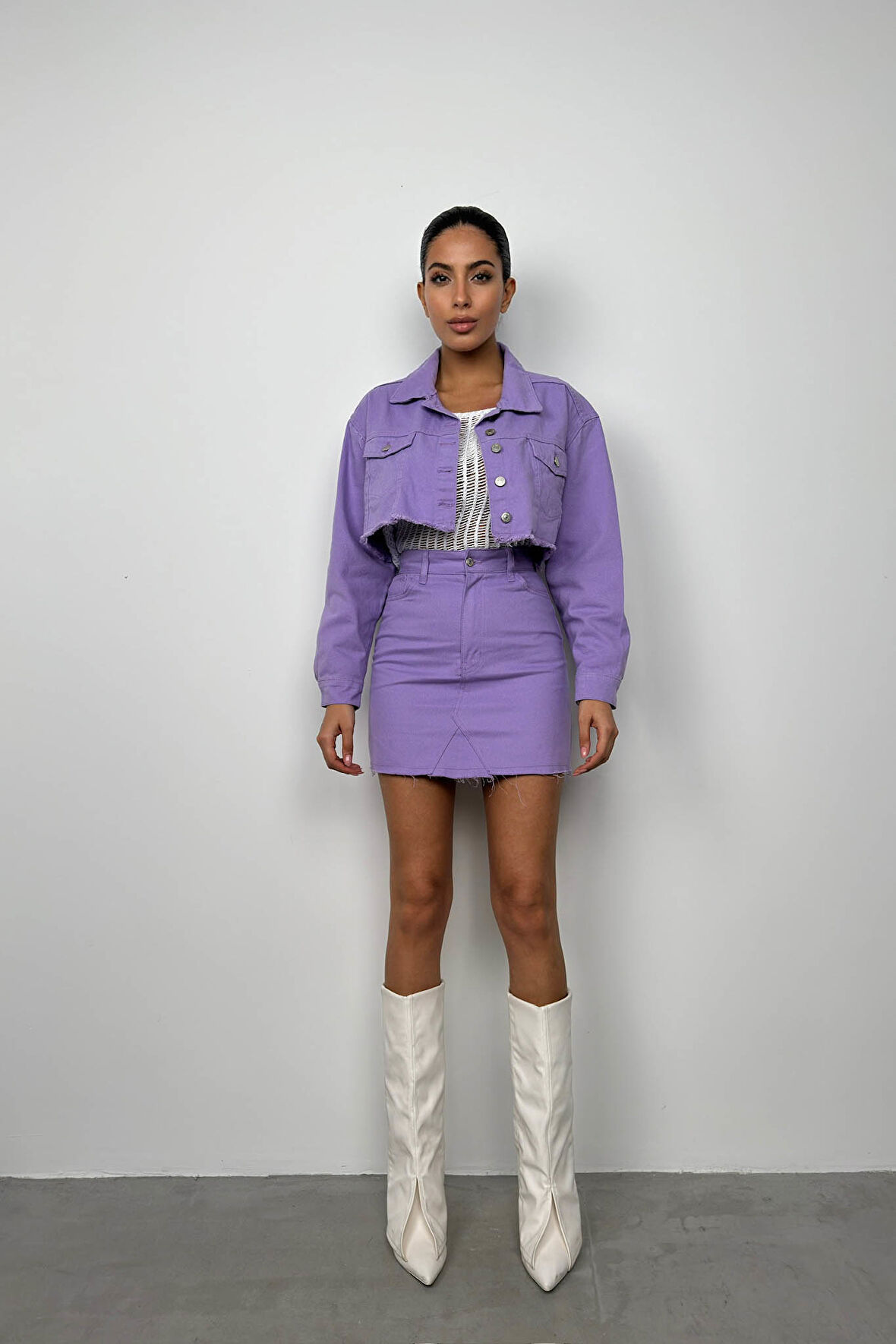 Düğme Detay Lila Crop Ceket