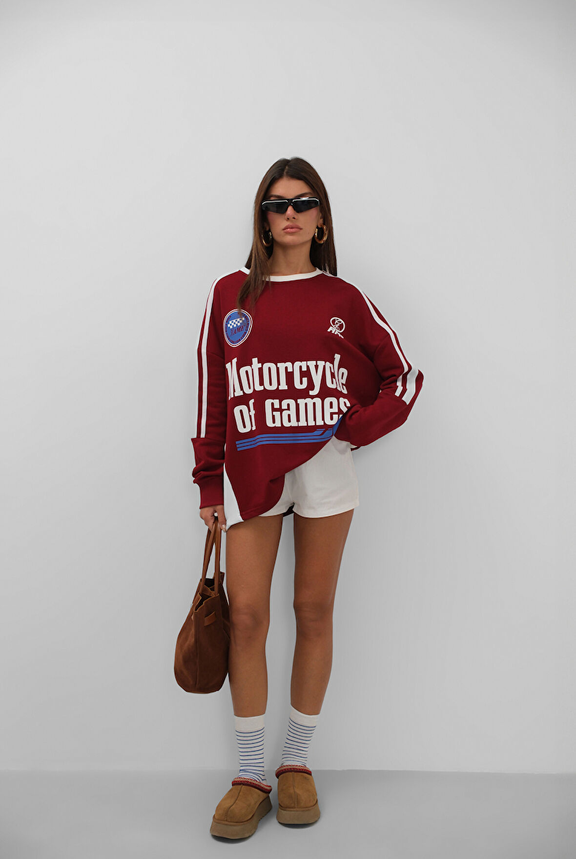 Şerit Detay Baskılı Oversize Bordo Sweatshirt