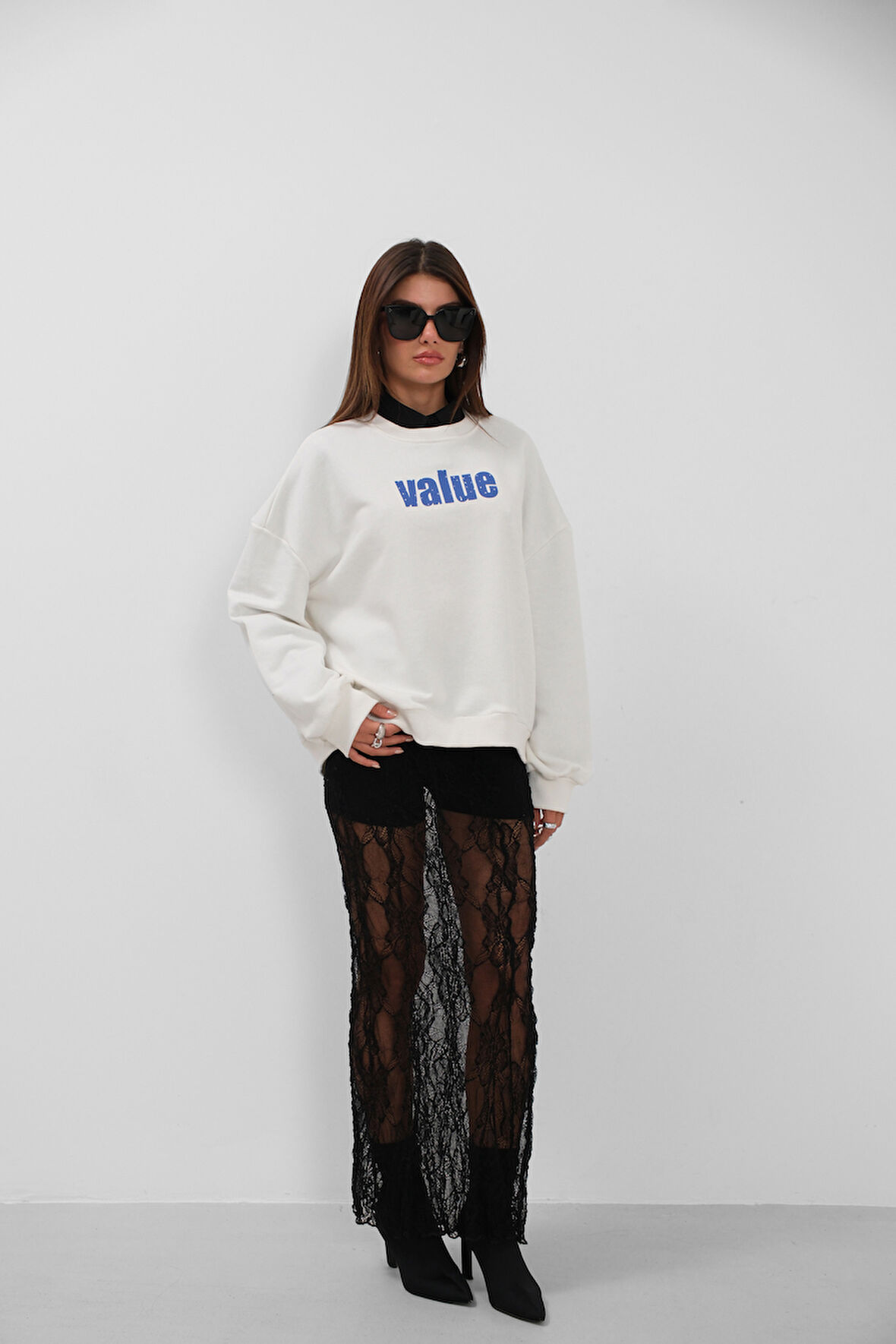 Baskılı Sıfır Yaka Oversize Ekru Sweatshirt