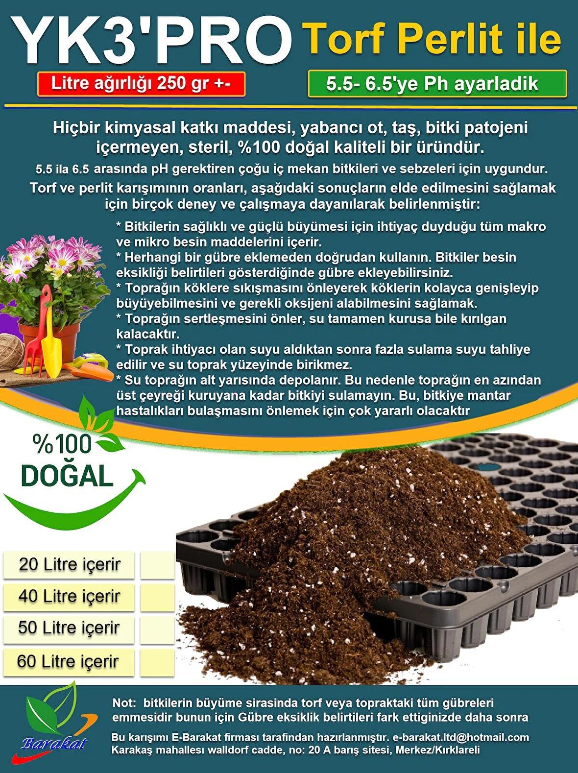 20 LT YK3PRO Perlit ile Torf. Bitki, Çiçek, Sebze, Tohumu Torf, Toprak