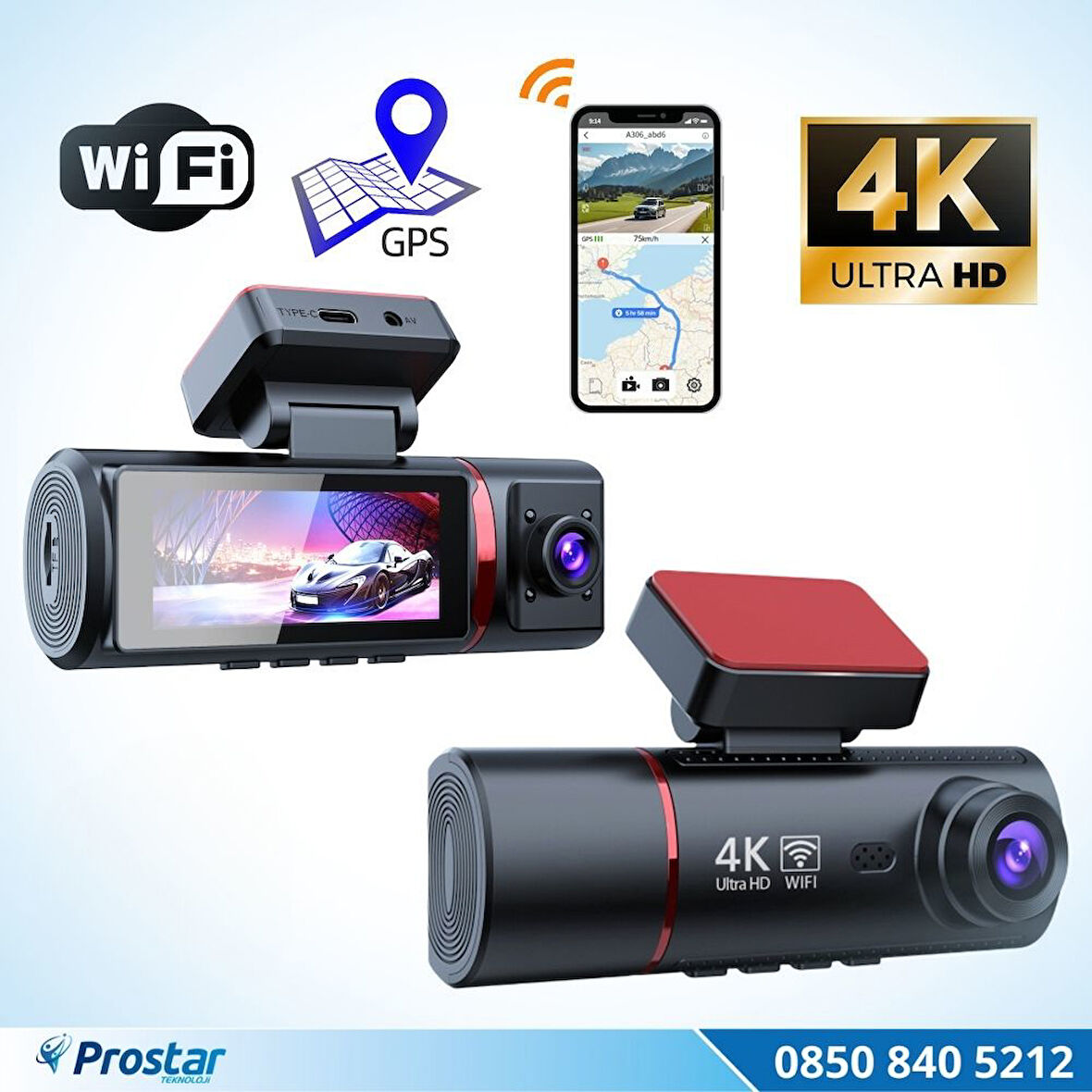 4K Ultra HD 2 Kameralı Ön ve iç  Wifi GPS G-Sensör Park Modu Dashcam Kamera