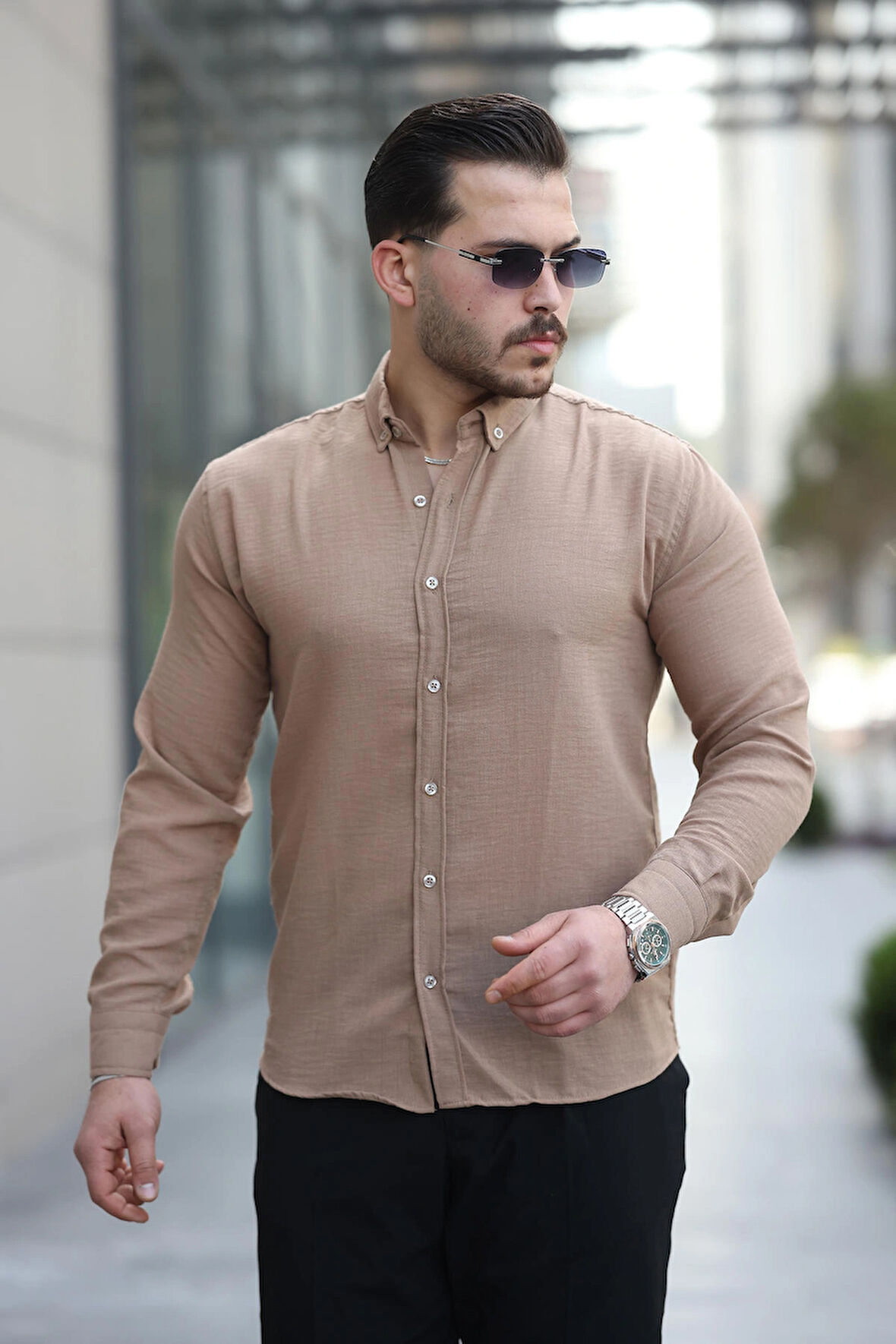 Erkek Taba Basic %100 Pamuklu Dökümlü Kumaş Uzun Kollu Salaş Gömlek