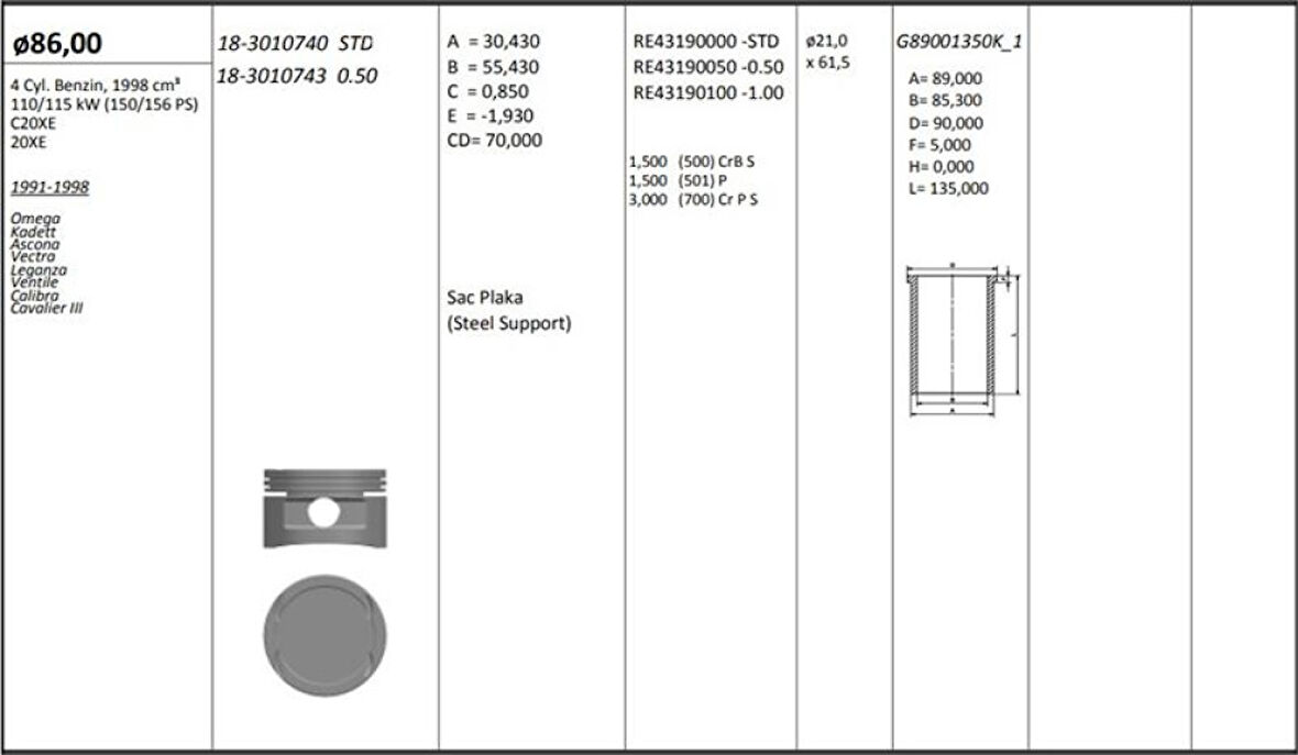 Opel Motor Piston+segmanı ( Riken )  86,00+0,50mm Cap Omega Kadett Ascona Vectra Leganza Ventile Calıbra - Kingpiston 18-3010743