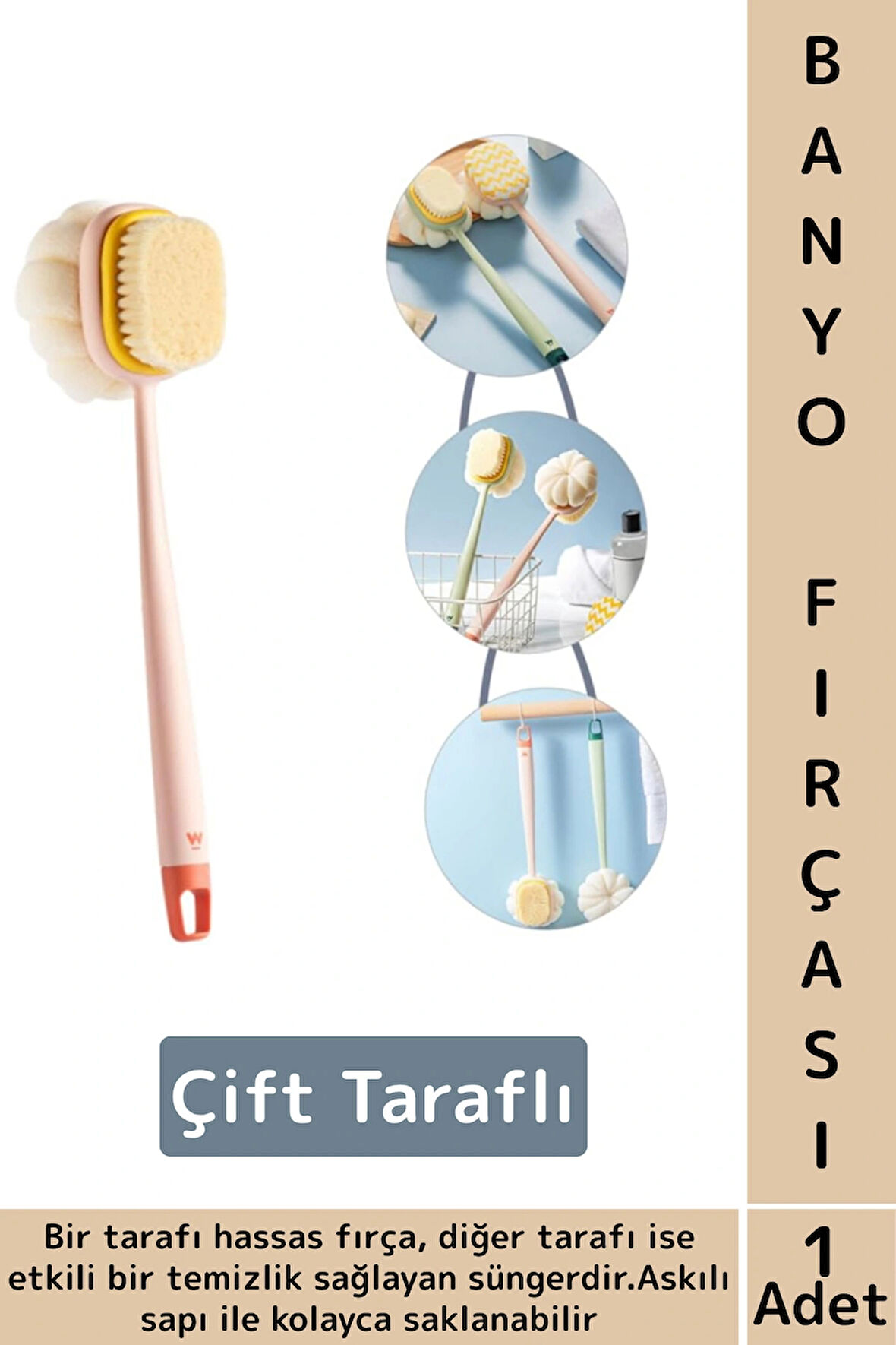 Ergonomik Tutuş Hassas Derin Temizlik Çift Taraflı Asılabilir Saplı Banyo Duş Fırçası 35 X 6.5 Cm