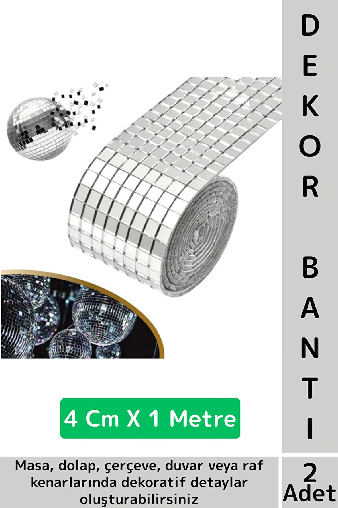 Kolay Kesilebilir Esnek Kendinden Yapışkanlı Şık Gümüş Süsleme Dekorasyon Bantı 4 Cm X 1 Mtre 2 Adet