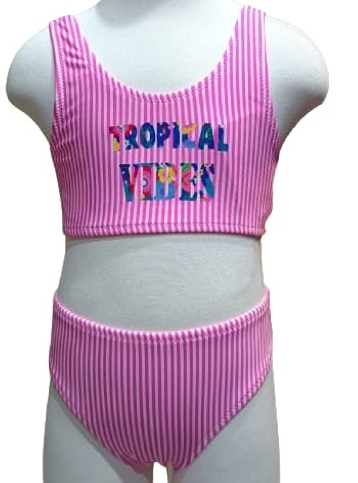 4-14 Yaş Kız Çocuk Bikini Çizgili Pembe