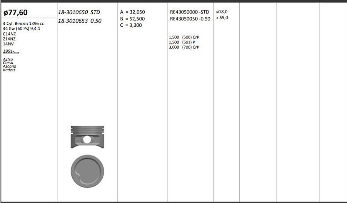 Opel Motor Piston+segmanı ( Riken )  77,60+0,50mm Cap Astra Corsa Ascona Kadett C14nz-Z14nz-14nv 4 Sil. B - Kingpiston 18-3010653
