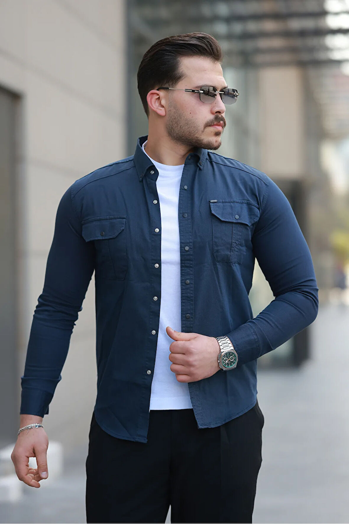 Erkek Lacivert Slim Fit Dar Kesim Kot Gömlek