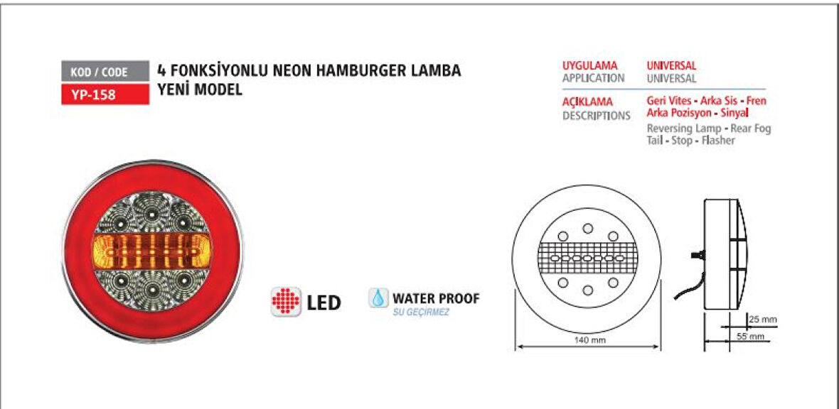 Unıversal Truck Stop Lambası 4 Fonksıyonlu Neon Unıversal 24v ( Hamburger ) - Yuceplast Yp-158 24v