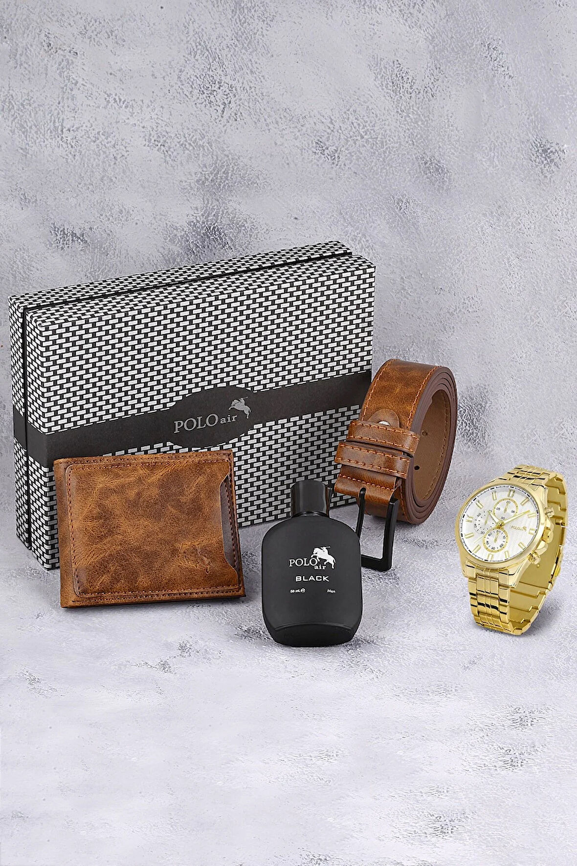 Erkek Kol Saati Kemer Cüzdan Kartlık Parfüm Hediyelik Kutusunda Kombin Sarı Taba Set