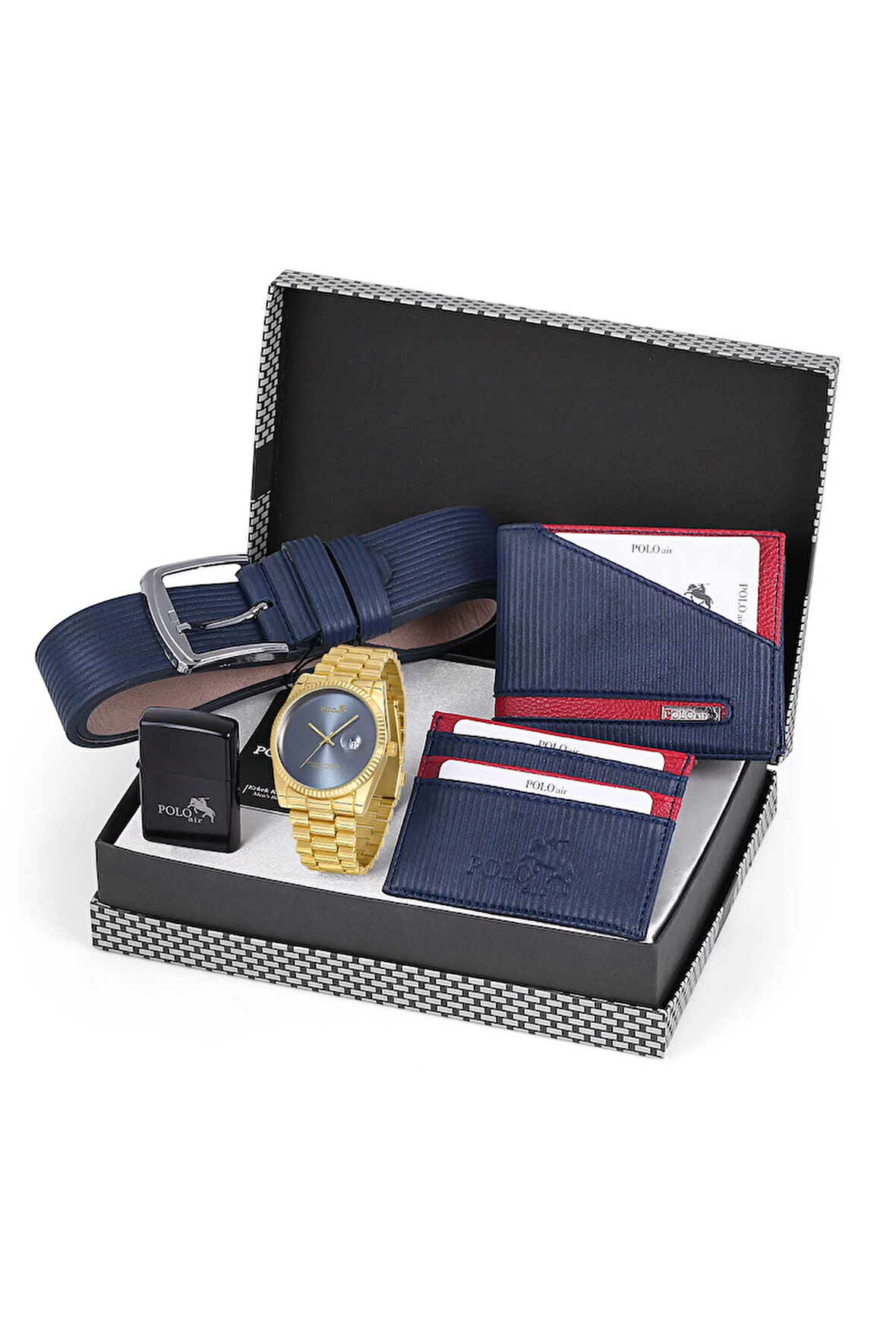 Sade Şık Mercek Takvimli Erkek Kol Saati Kemer Cüzdan Kartlık Çakmak Hediyelik Kutusunda