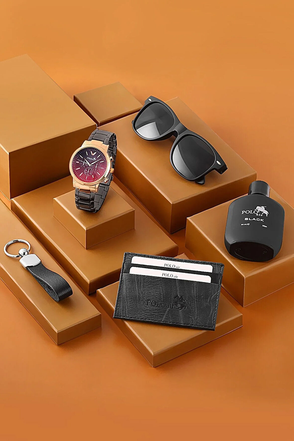 Erkek Kombin Set Kol Saati Gözlük Parfüm Kartlık Anahtarlık Özel Kutusunda Bakır