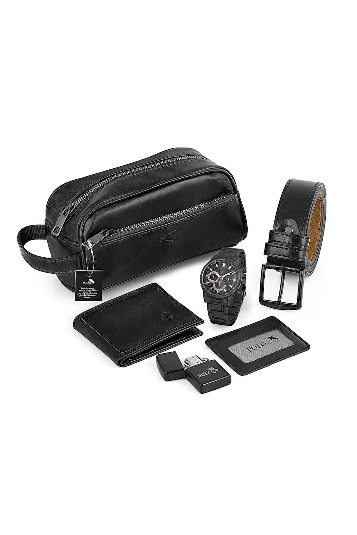 Erkek Kol Saati El Çantası Çakmak Cüzdan Kemer Kartlık Set Siyah Kombin Set PL-0873E1