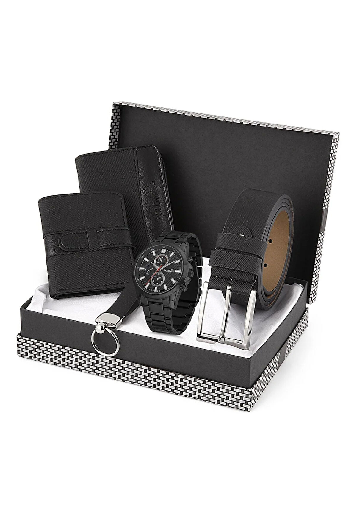 Erkek Kol Saati Kemer Cüzdan Kartlık Anahtarlık Hediyelik Kutusunda Siyah