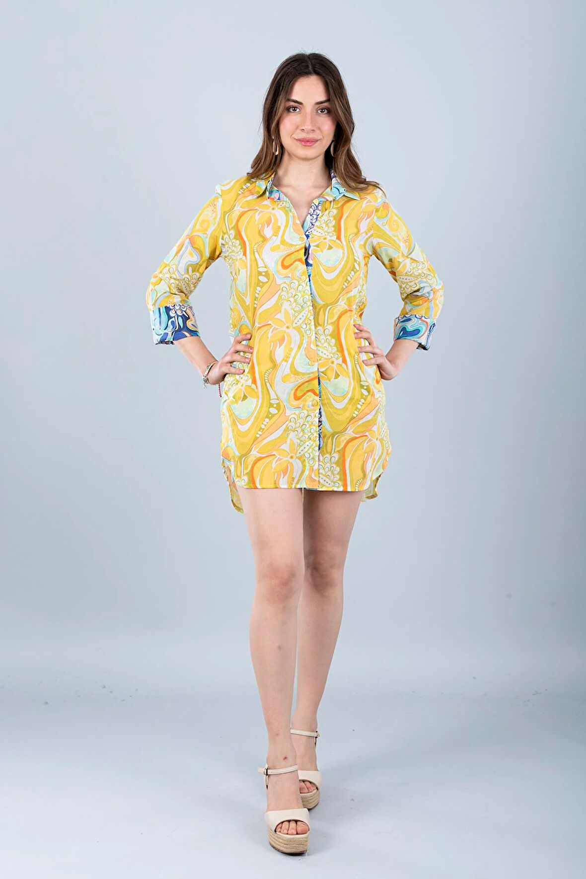 VUAL KISA GÖMLEK SARI CICEK