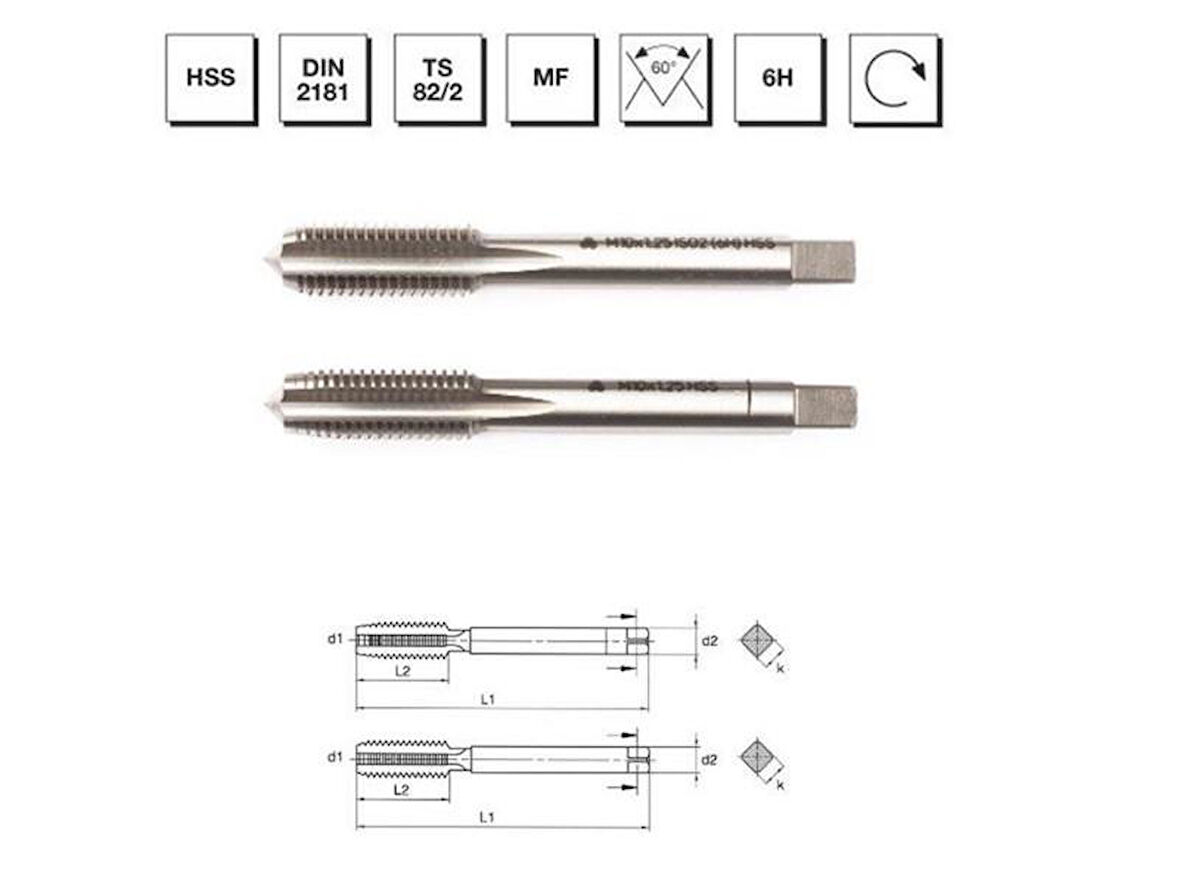 Makine Takım Hss Dın 2181 2'Li El Kılavuzu M20X2(6H)-Mte B00102032008