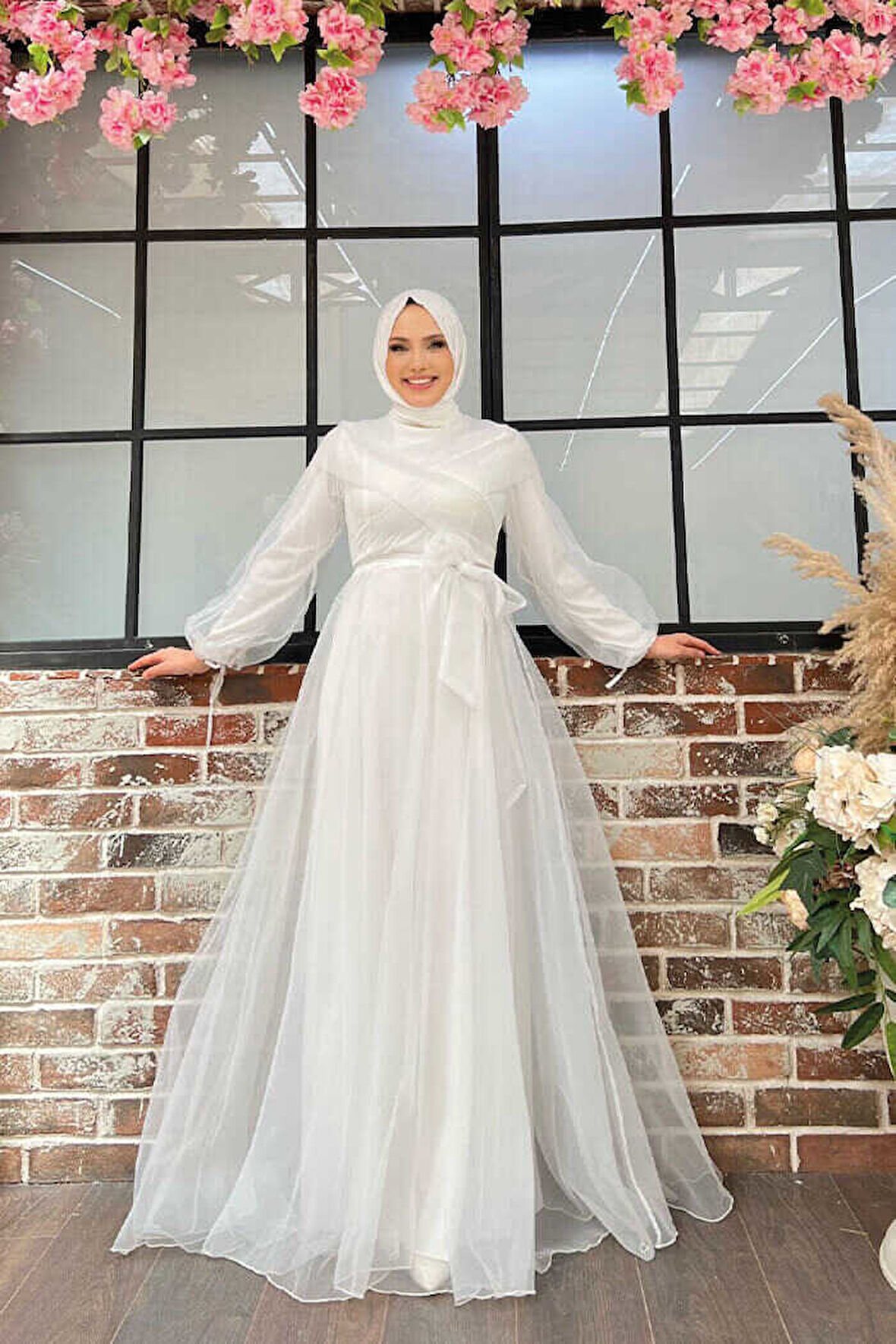 Omuz Şerit Detay Bel Bağlamalı Tül Abiye Elbise 3964 Ekru