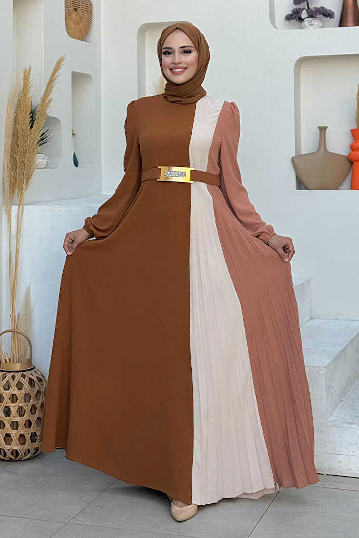 Üç Renkli Bel Kemer Pilise Detay Elbise 3622 Taba