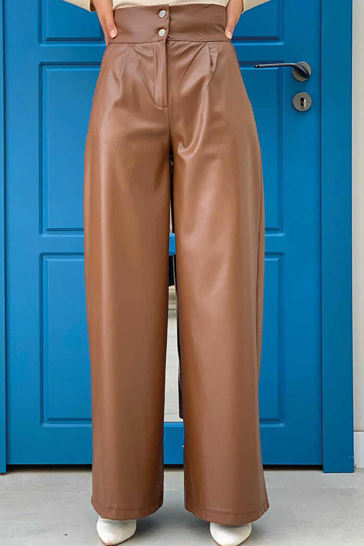 Fermuarlı Düğme Detaylı Deri Cepli Pantolon 0253 Taba