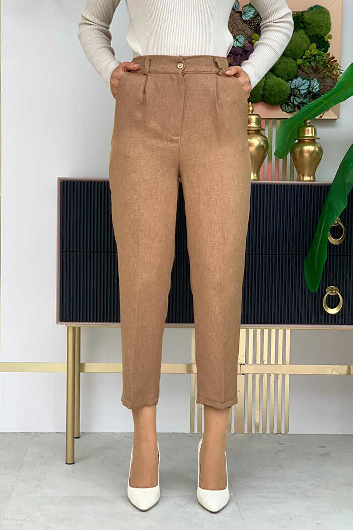 Fermuarlı Cep Detaylı Kalem Pantolon 0255 Taba