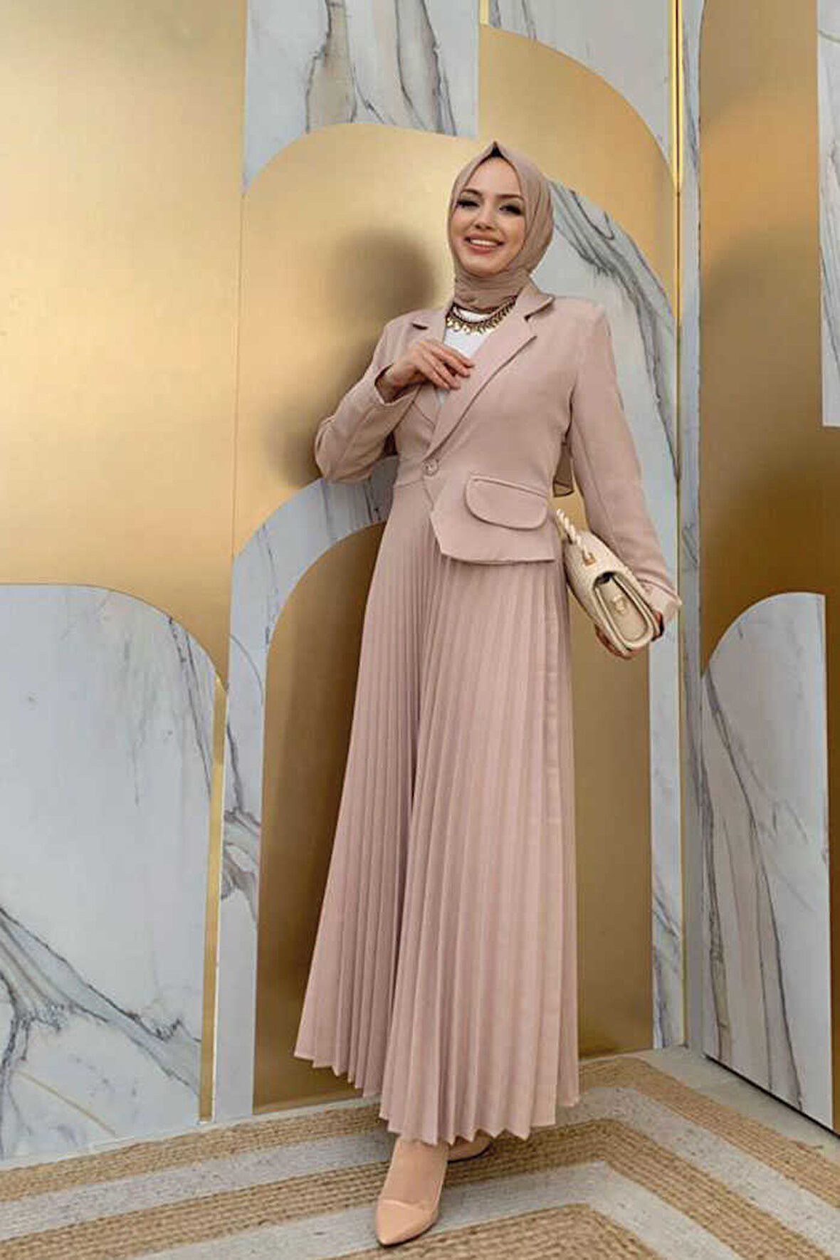 Ceket Görünümlü Eteği Piliseli Elbise 3700 Taş