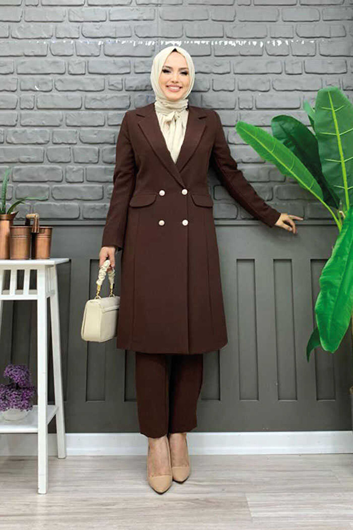 Cep ve Düğme Görünümlü Uzun Ceket Pantolon Takım 8357 Kahverengi