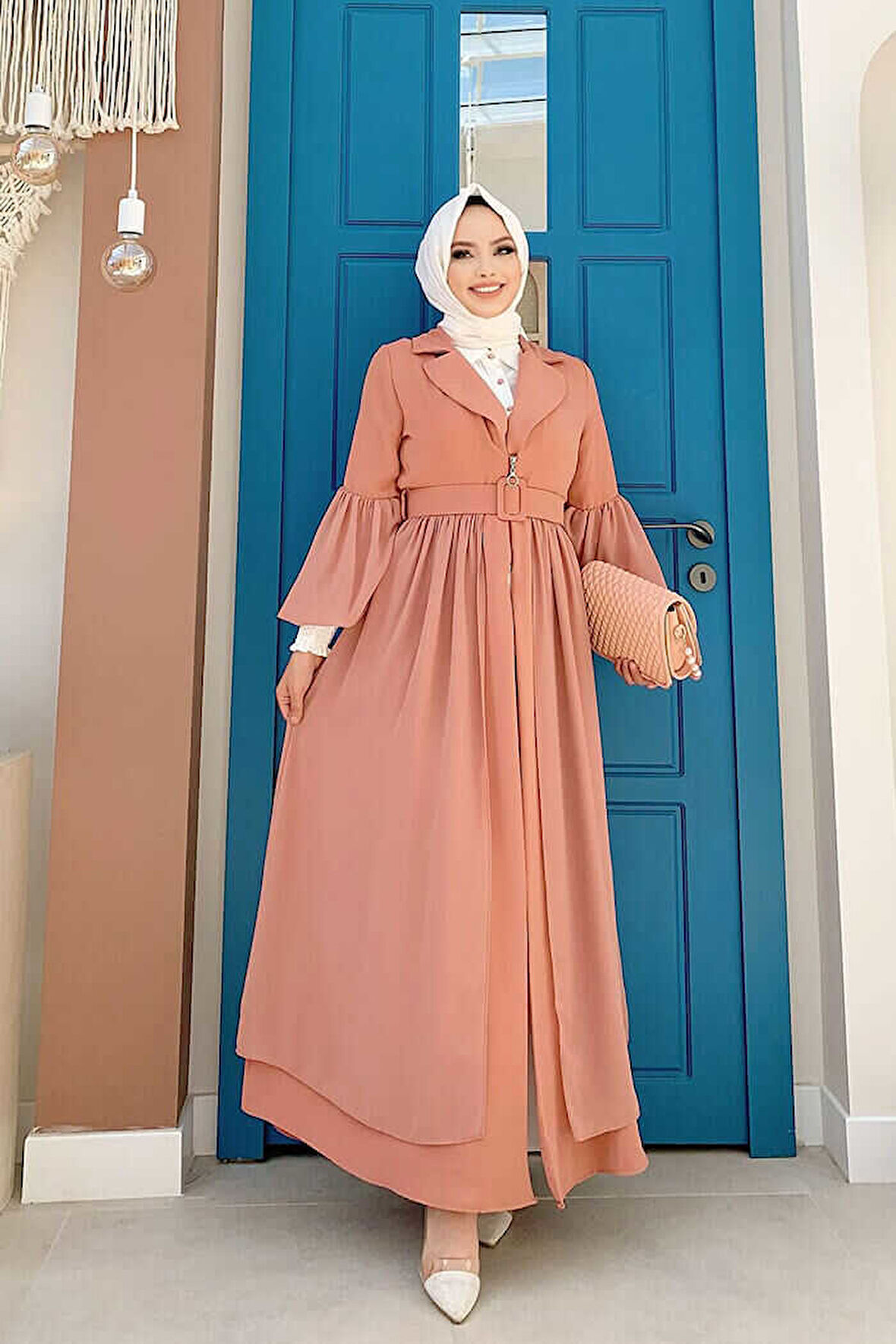 Kemer Aksesualrı Şifon Detaylı Abaya ve İçlik Takım 8391 Somon
