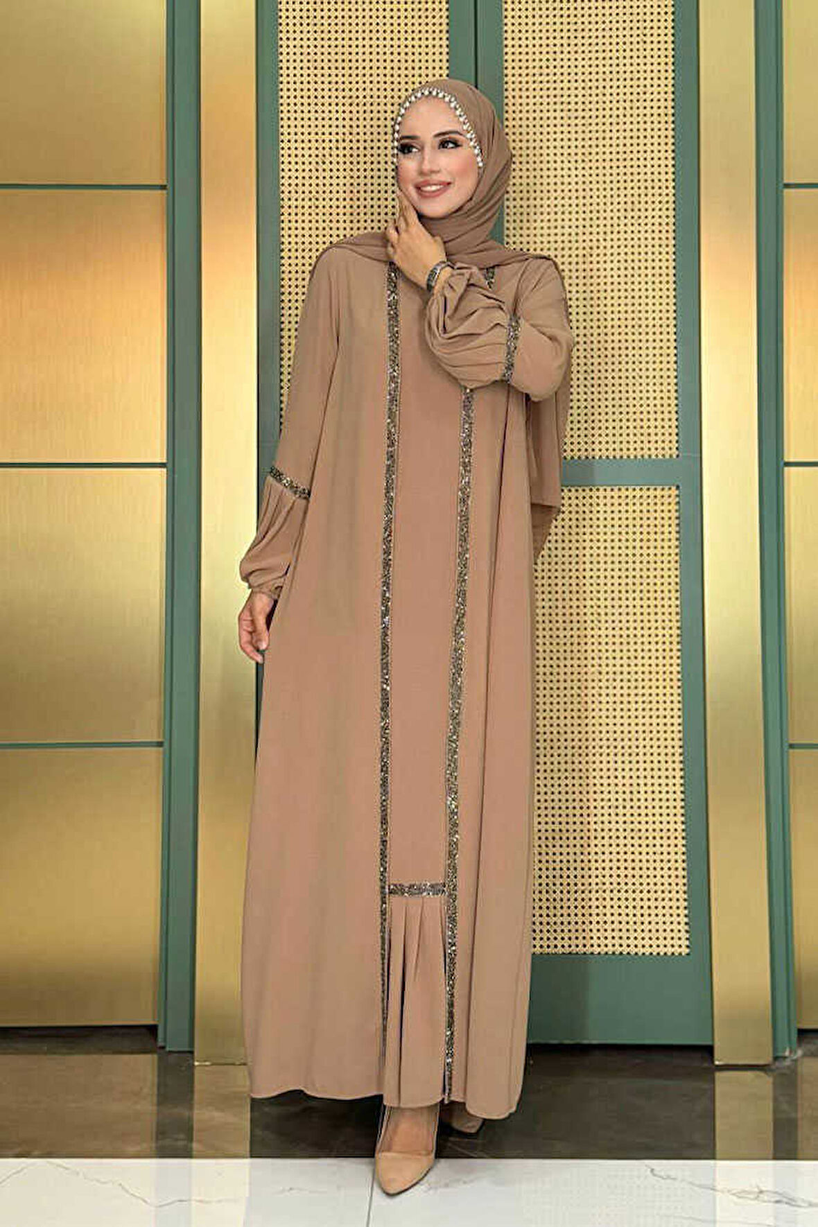 Taş Detaylı Abaya Sıfır Kol Elbise Takım 3657 Vizon