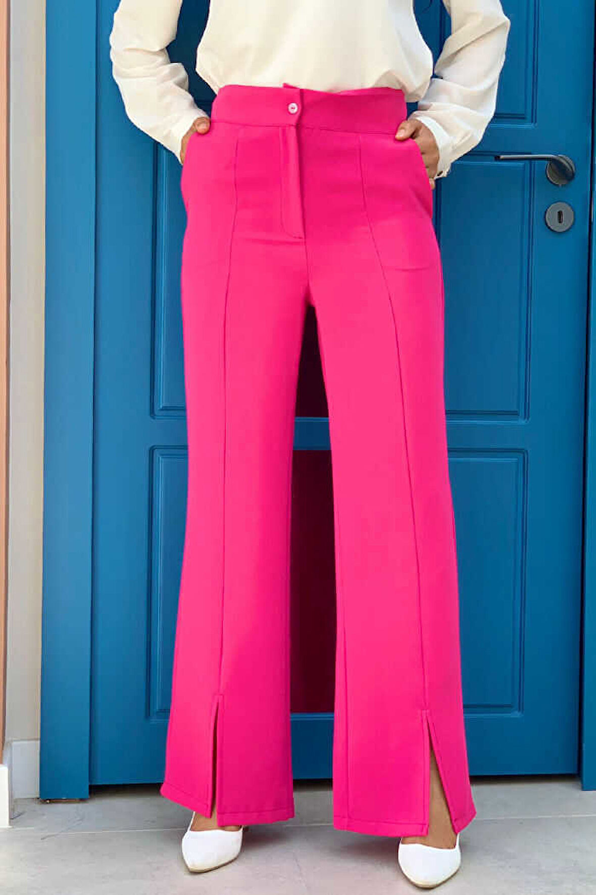 Bym Fashion Fermuarlı Yırtmaç Detaylı Cepli Krep Pantolon 0271 Fuşya