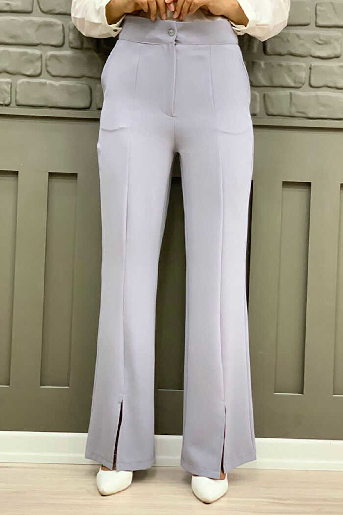 Bym Fashion Fermuarlı Yırtmaç Detaylı Cepli Krep Pantolon 0271 Gri