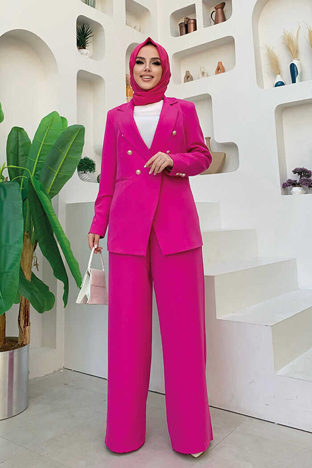 Düğme Detay Blazer Ceket Bol Pantolon Takım 8302 Fuşya