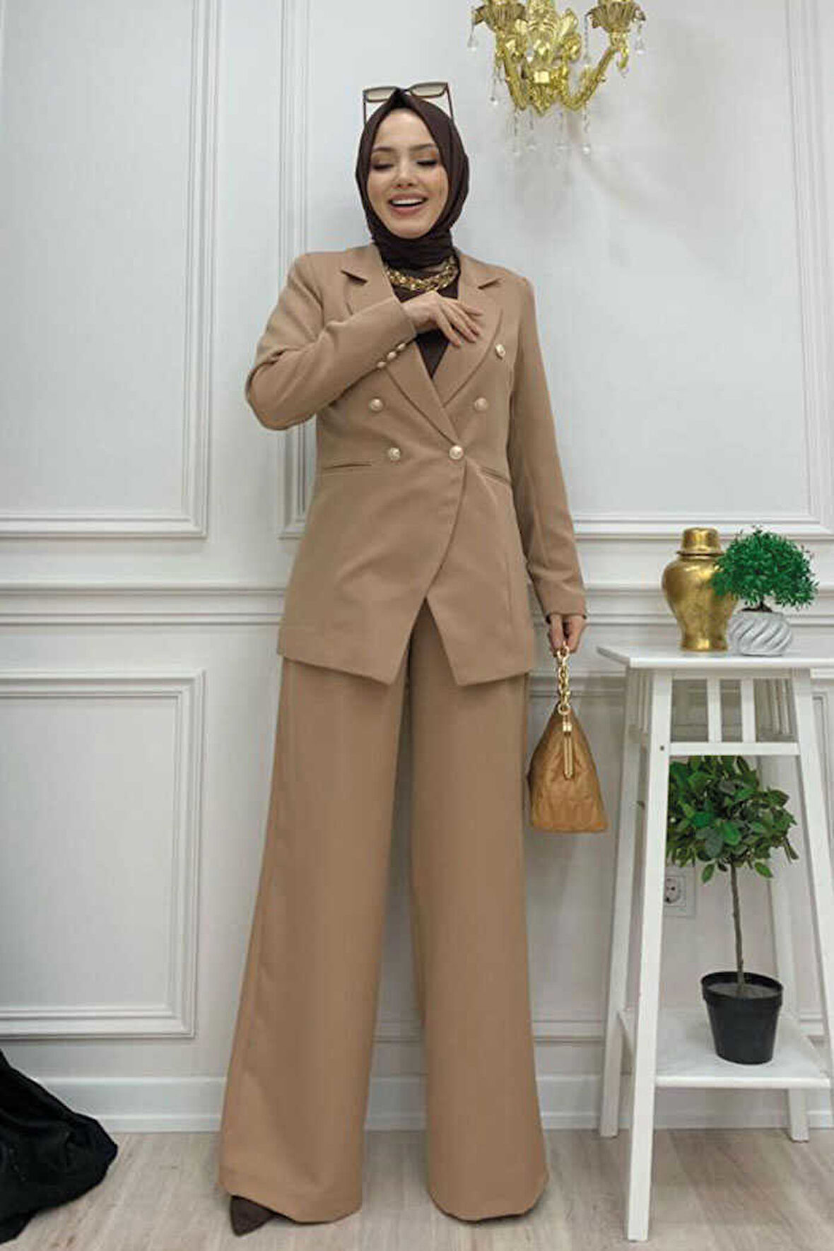 Düğme Detay Blazer Ceket Bol Pantolon Takım 8302 Vizon