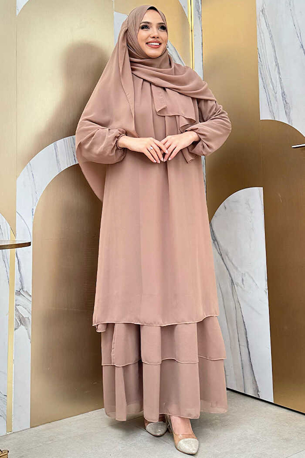 Kat Kat Görünüm Kol Manşetleri Lastikli Şifon Elbise 3060 Vizon