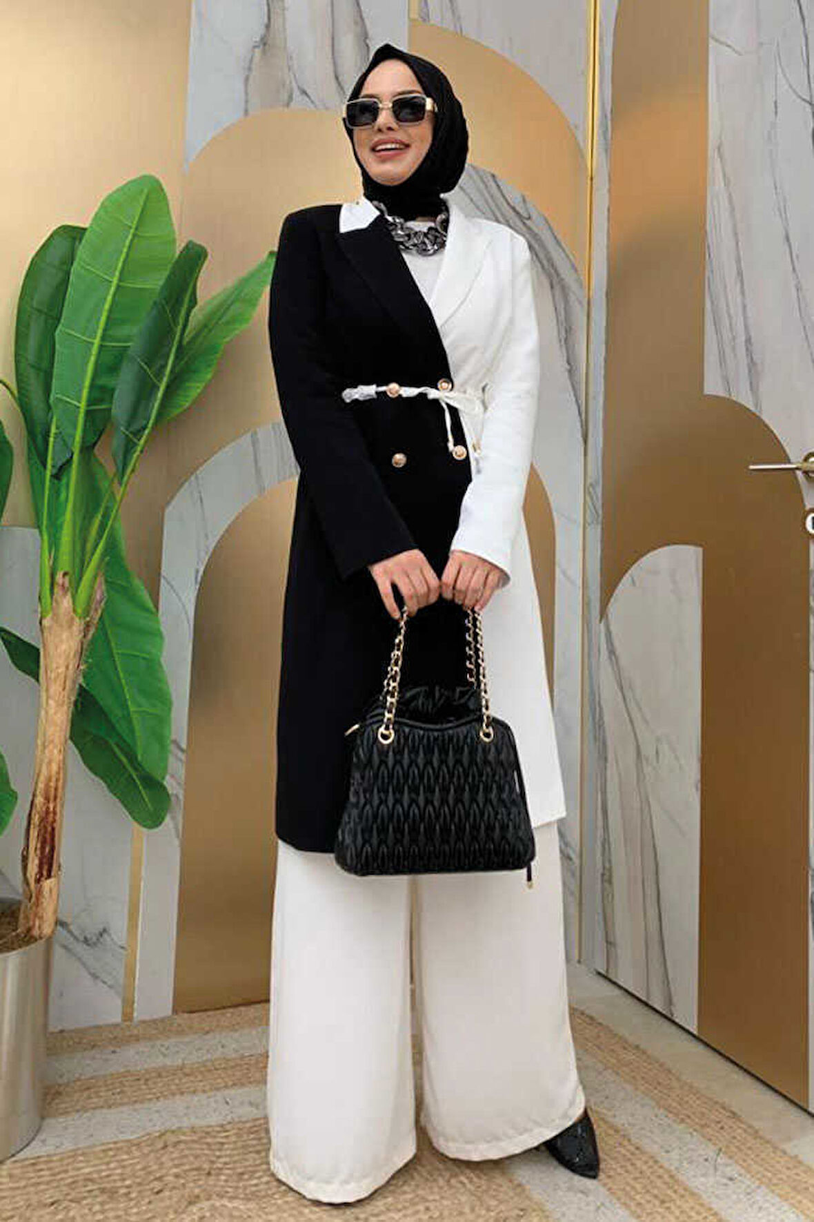 İki Renkli Düğmeli Bel Bağlamalı Yarım Boy Ceket 7803 Siyah