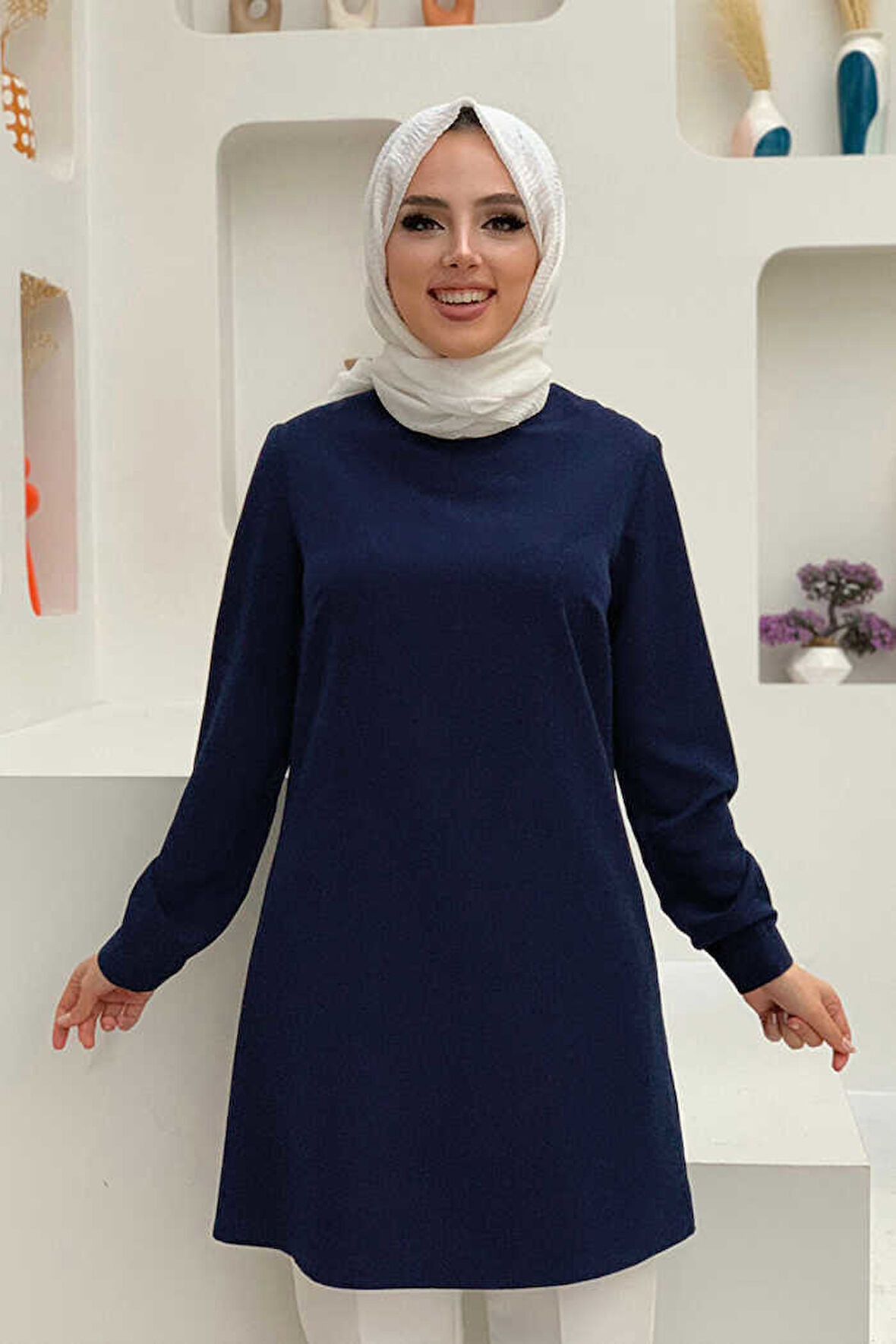 Kol Manşetleri Düğmeli Bisiklet Yaka Uzun Tunik 2649 Lacivert