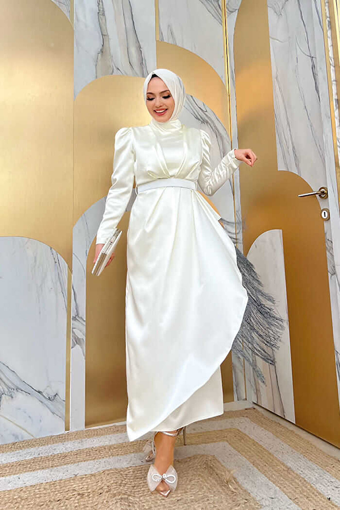 Bym Fashion Etek Püskül Detay Kemer Aksesuarlı Saten Abiye Elbise 3763 Ekru