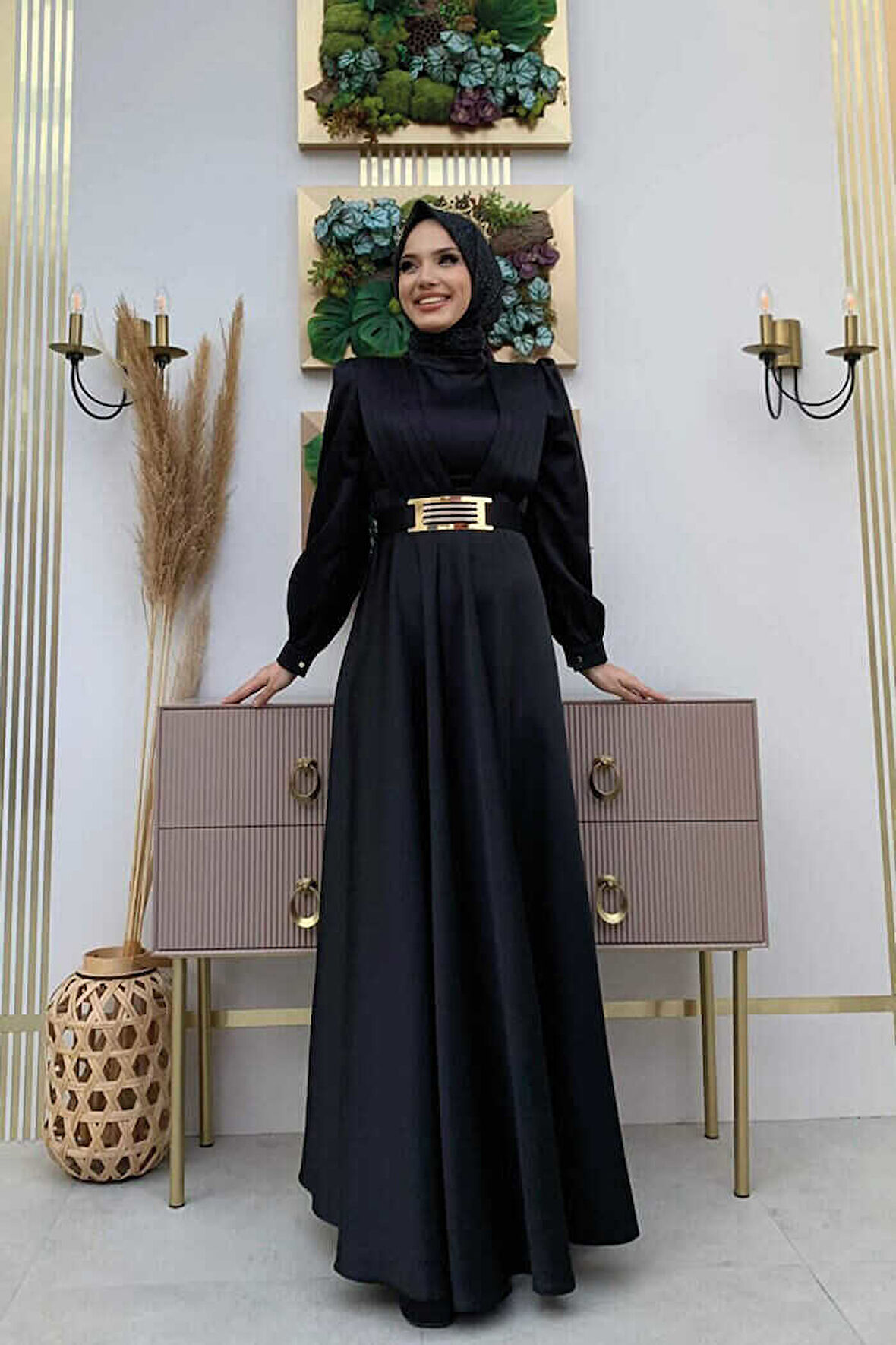 Göğüs Kısmı Kat Şerit Detay Bel Kemer Aksesuarlı Abiye Elbise 3792 Siyah